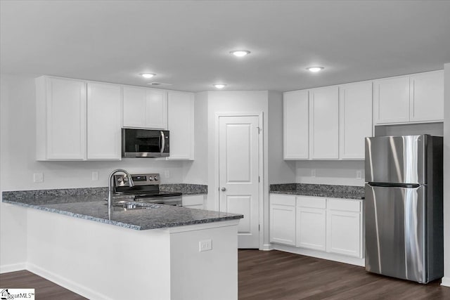 kitchen featuring kitchen peninsula, sink, appliances with stainless steel finishes, white cabinets, and dark hardwood / wood-style flooring