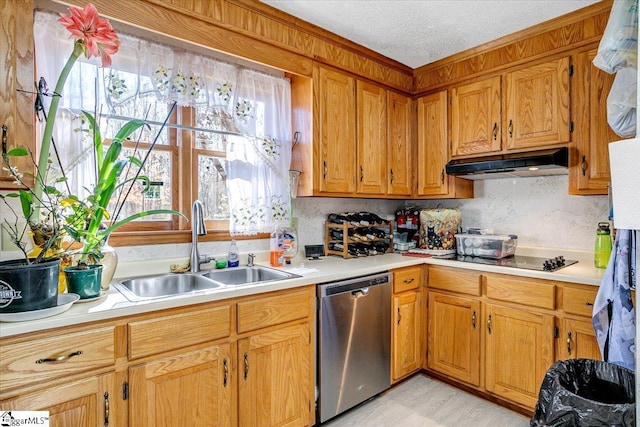 kitchen featuring a textured ceiling, black electric stovetop, sink, backsplash, and stainless steel dishwasher