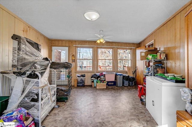 interior space featuring ceiling fan and wooden walls