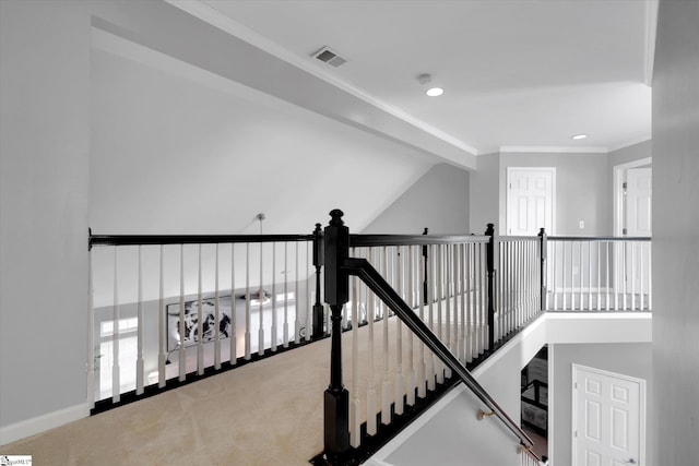 staircase featuring carpet and crown molding