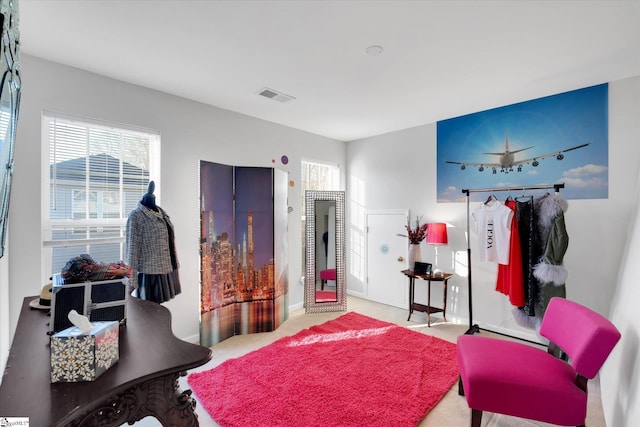 bedroom featuring multiple windows and light carpet