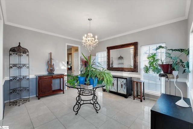 interior space featuring an inviting chandelier and crown molding