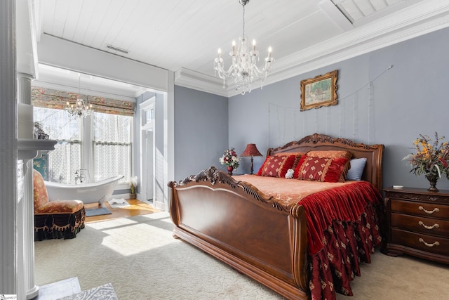 bedroom featuring light colored carpet, a chandelier, and ornamental molding