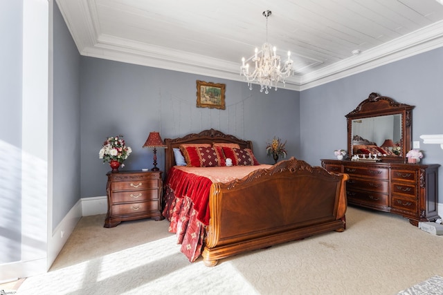 carpeted bedroom featuring crown molding and a notable chandelier