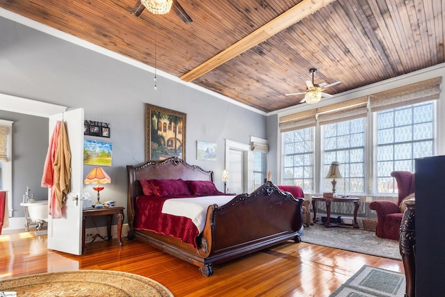 bedroom featuring ceiling fan, wood ceiling, ornamental molding, and hardwood / wood-style flooring