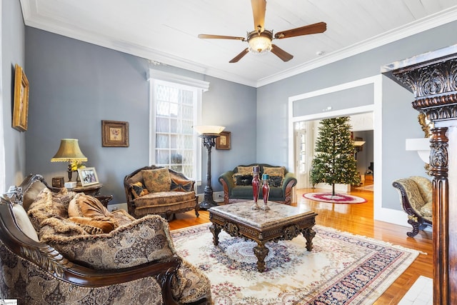 living room with ceiling fan, ornamental molding, and wood-type flooring