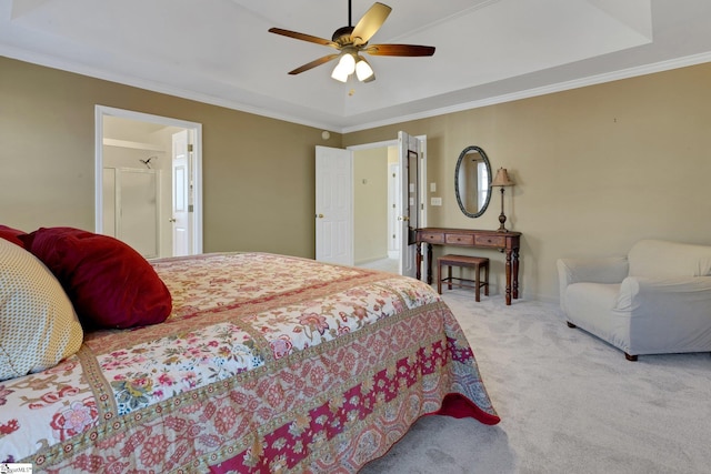 carpeted bedroom with crown molding, a raised ceiling, and ceiling fan