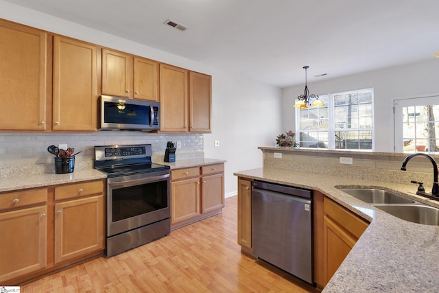 kitchen with sink, decorative light fixtures, a chandelier, light wood-type flooring, and stainless steel appliances