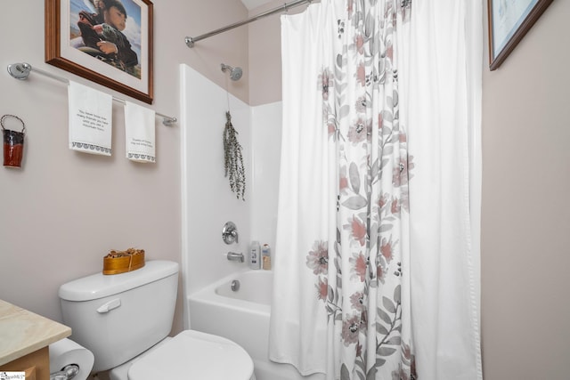 bathroom featuring toilet and shower / bathtub combination with curtain