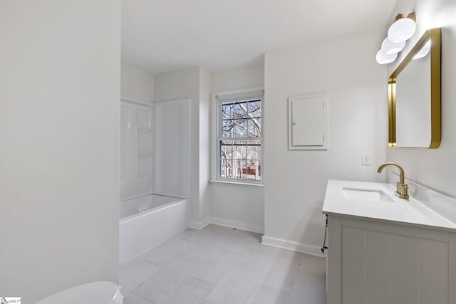 full bathroom featuring tub / shower combination, toilet, and vanity