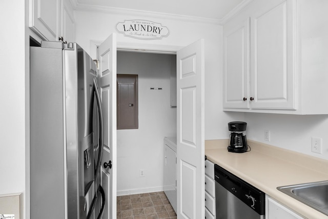 kitchen featuring appliances with stainless steel finishes, white cabinetry, sink, electric panel, and crown molding