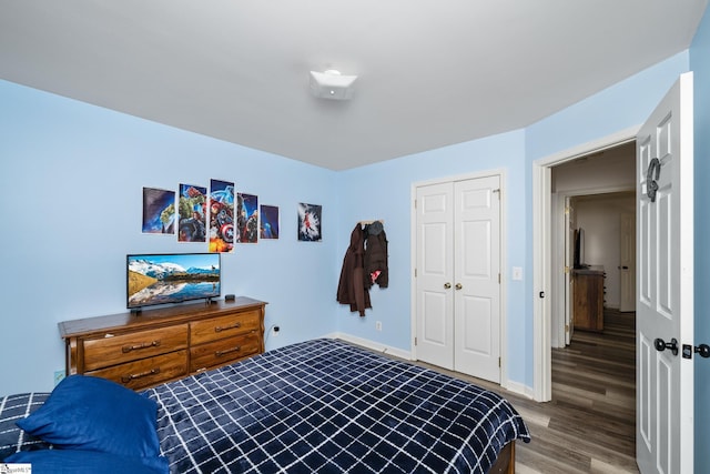 bedroom with hardwood / wood-style floors and a closet