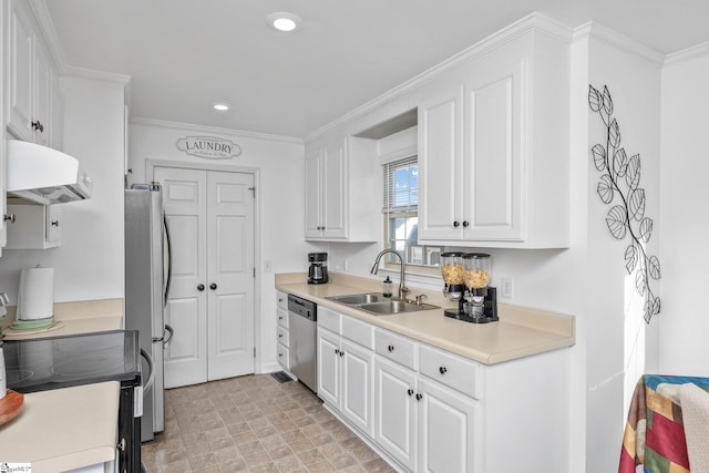 kitchen featuring exhaust hood, sink, crown molding, white cabinetry, and stainless steel appliances