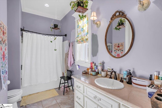 full bathroom featuring toilet, vanity, shower / bath combination with curtain, and ornamental molding