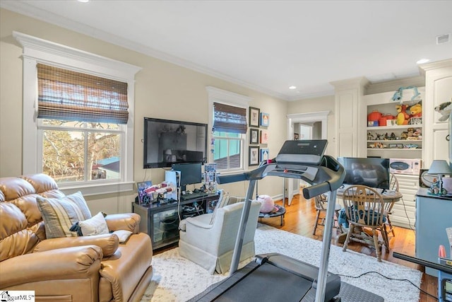 exercise area with crown molding and light hardwood / wood-style flooring