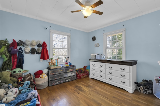 interior space with ceiling fan, dark hardwood / wood-style flooring, and ornamental molding