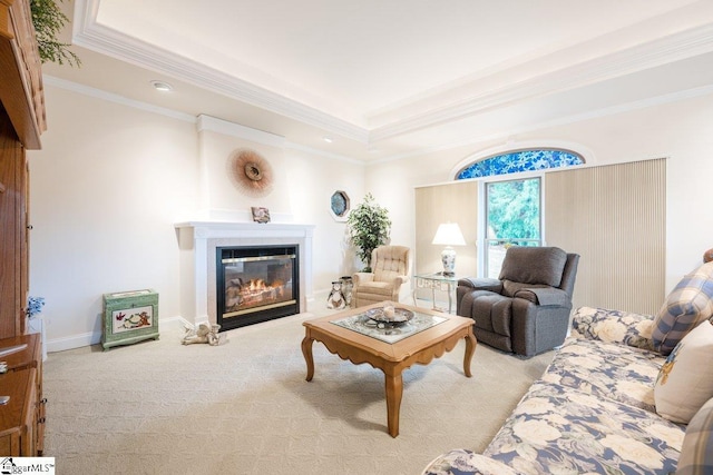 carpeted living room featuring crown molding and a tray ceiling