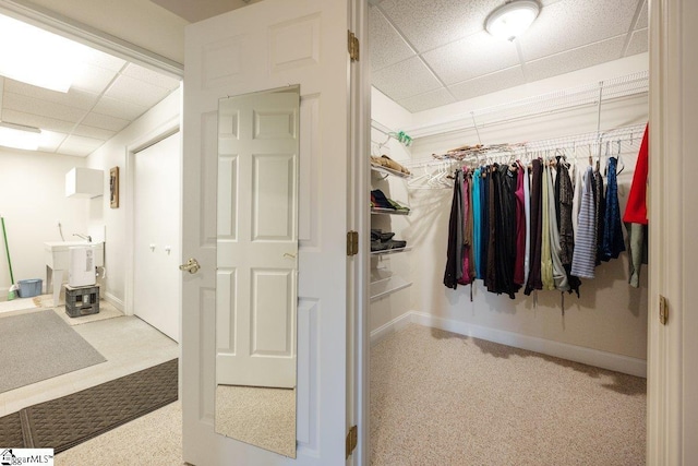 walk in closet with light colored carpet