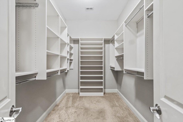 walk in closet with light colored carpet