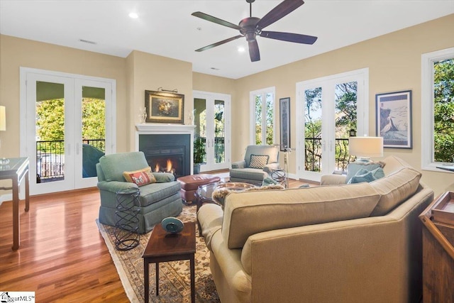 living room with ceiling fan, a wealth of natural light, and hardwood / wood-style floors