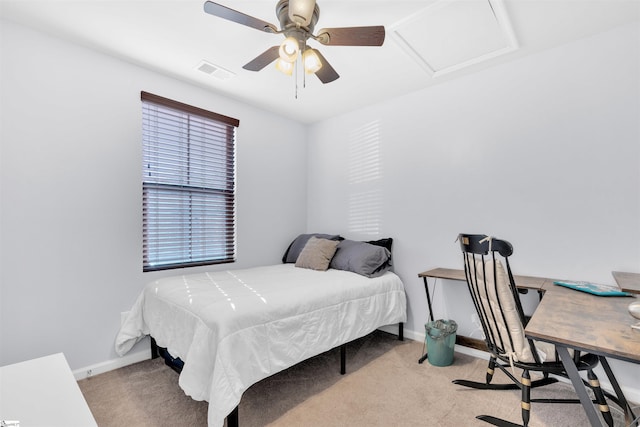 bedroom featuring ceiling fan and light colored carpet