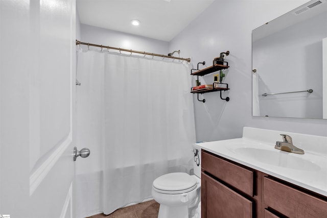 full bathroom with toilet, tile patterned flooring, shower / bath combo, and vanity