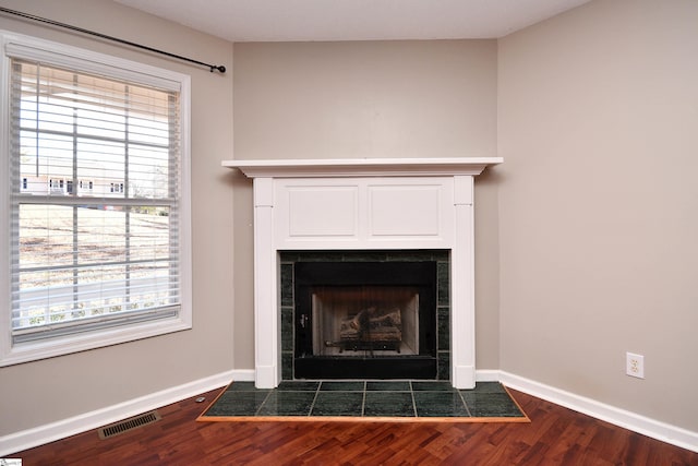 details with a fireplace and hardwood / wood-style flooring