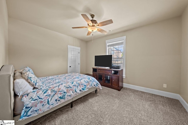 bedroom featuring ceiling fan and carpet flooring