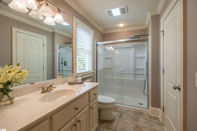 bathroom with toilet, walk in shower, crown molding, and vanity