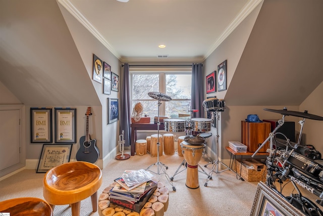 interior space featuring crown molding and carpet flooring