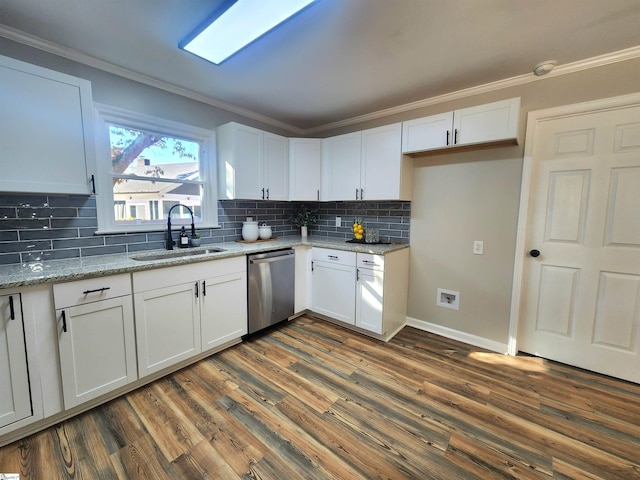 kitchen featuring light stone countertops, white cabinetry, dishwasher, and sink