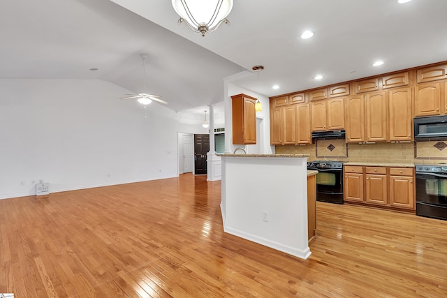 kitchen featuring ceiling fan, lofted ceiling, black appliances, decorative backsplash, and light wood-type flooring