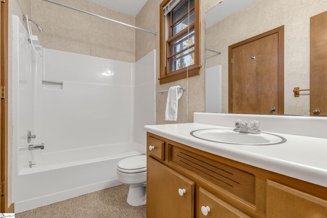 full bathroom featuring shower / tub combination, toilet, and vanity