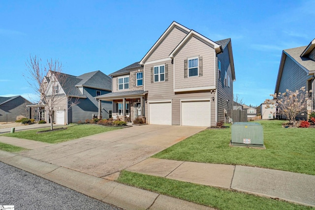 craftsman-style house with a front yard, covered porch, and a garage