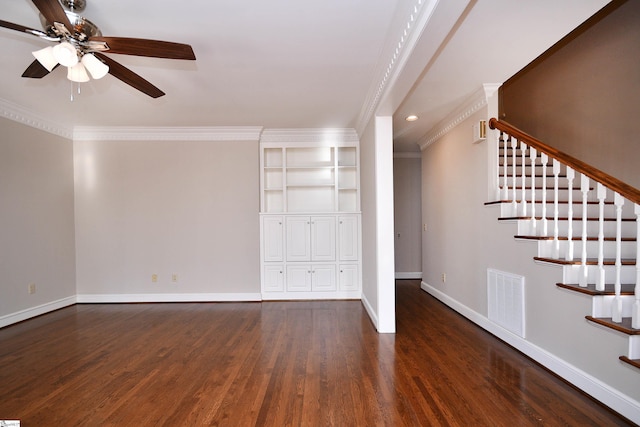 unfurnished living room with ceiling fan, dark hardwood / wood-style flooring, and ornamental molding