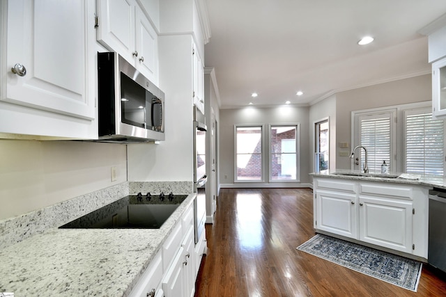 kitchen featuring white cabinetry, stainless steel appliances, ornamental molding, light stone counters, and sink