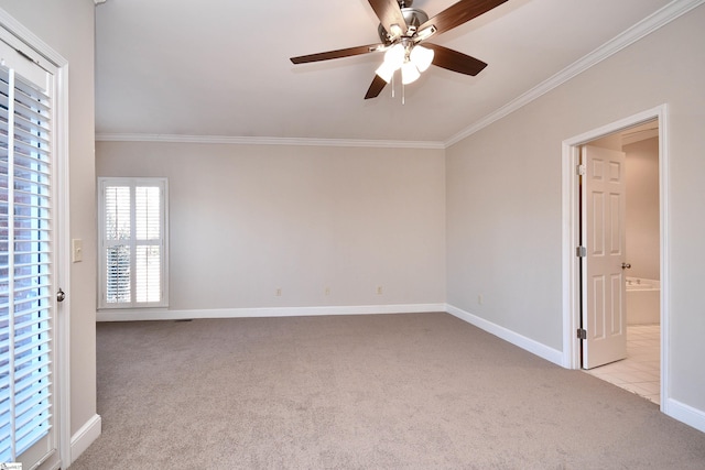 carpeted spare room featuring ceiling fan and ornamental molding