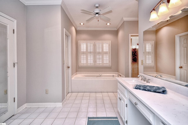 bathroom featuring ceiling fan, vanity, tile patterned floors, tiled tub, and crown molding