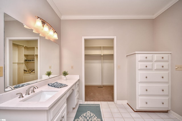 bathroom with vanity, tile patterned flooring, and ornamental molding