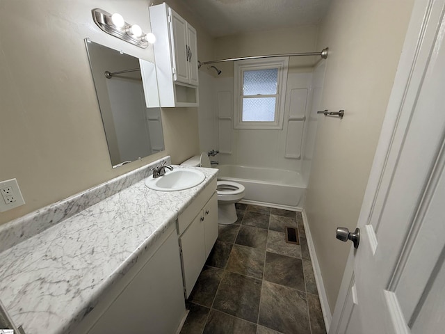 full bathroom featuring toilet, vanity, bathing tub / shower combination, and a textured ceiling