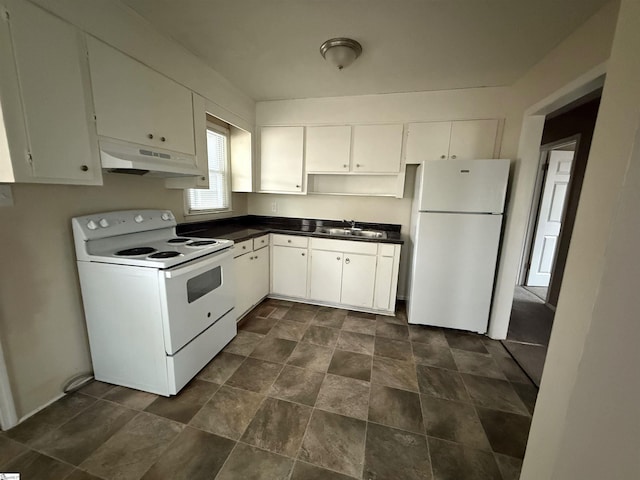 kitchen with white cabinetry, sink, and white appliances