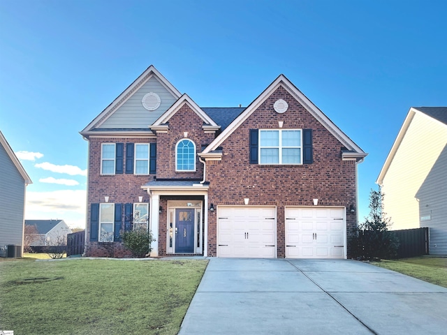 view of front of house featuring brick siding, driveway, a front lawn, and central air condition unit