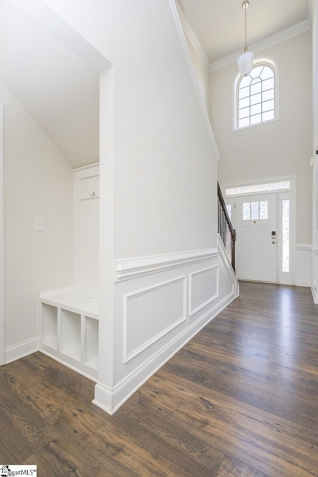 foyer with dark hardwood / wood-style flooring and crown molding