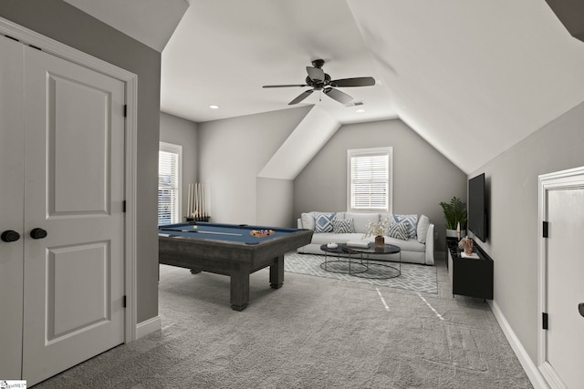 rec room with ceiling fan, vaulted ceiling, pool table, and carpet flooring