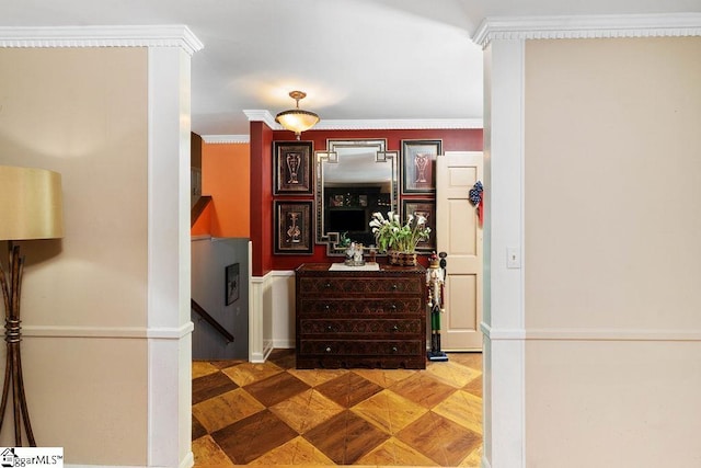 corridor featuring crown molding and parquet floors