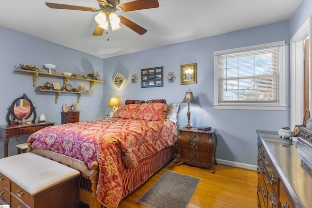 bedroom featuring ceiling fan and light hardwood / wood-style flooring