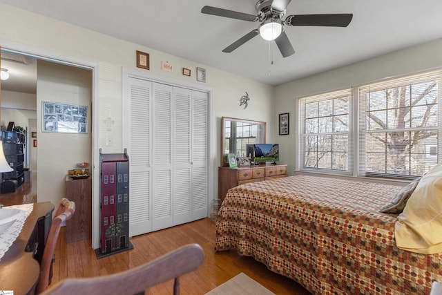 bedroom with ceiling fan, hardwood / wood-style floors, and a closet