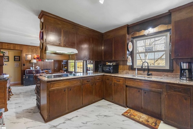 kitchen featuring kitchen peninsula, wooden walls, a healthy amount of sunlight, sink, and black appliances