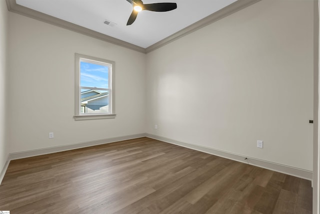 unfurnished room with ceiling fan, wood-type flooring, and crown molding