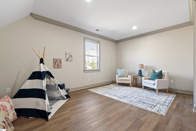 living area with dark wood-type flooring, crown molding, and lofted ceiling